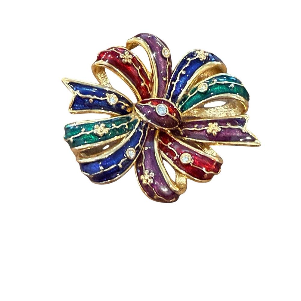 JOAN RIVERS Signed Goldtone Enamel Bow with Rhinestone Brooch Pin Red Green - Picture 5 of 8